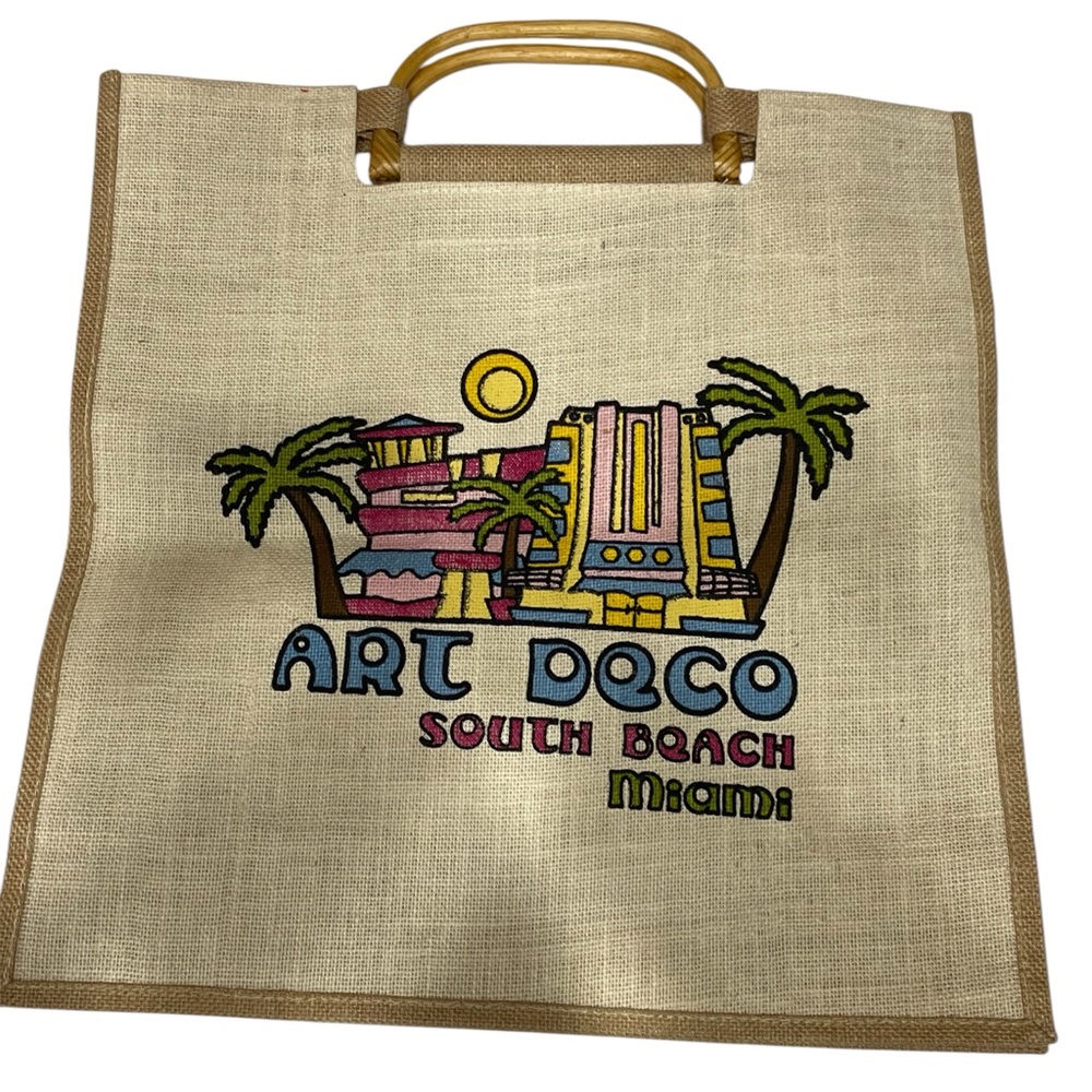 Vintage Colorful South Beach Bohemian burlap / Raffia Shopping Tote /‎ Beach bag